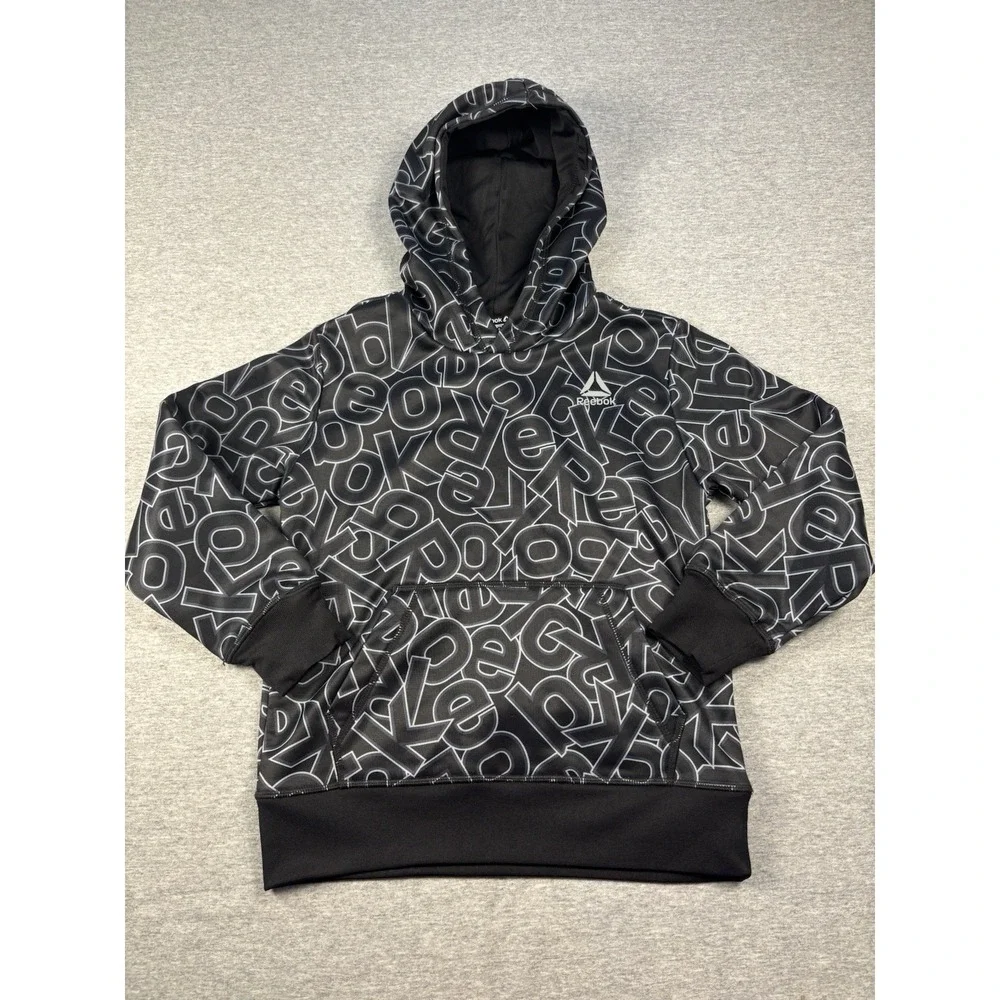 Reebok Boys Hoodie Pullover With All Over Logo Print Black White Size 6/7